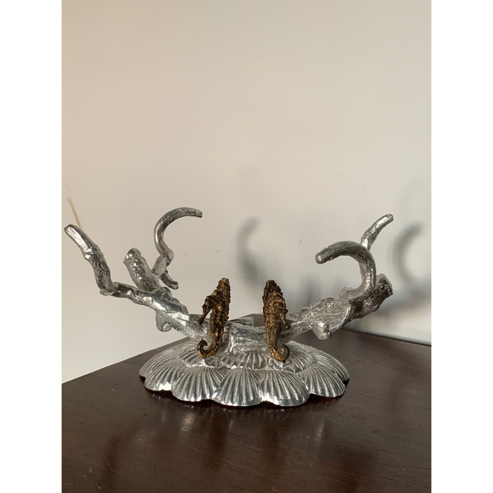 Arthur Court Seahorse Coral Shell Bowl Stand 1991 Aluminum Coastal Decor Vintage